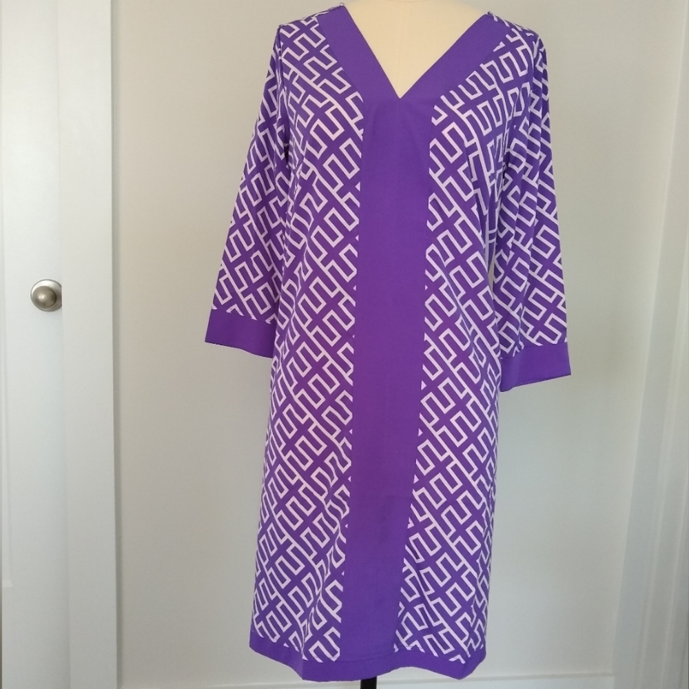 NWT Buckhead Betties Purple Geometric Pattern Tunic Dress 3/4 Sleeves Sz Med.